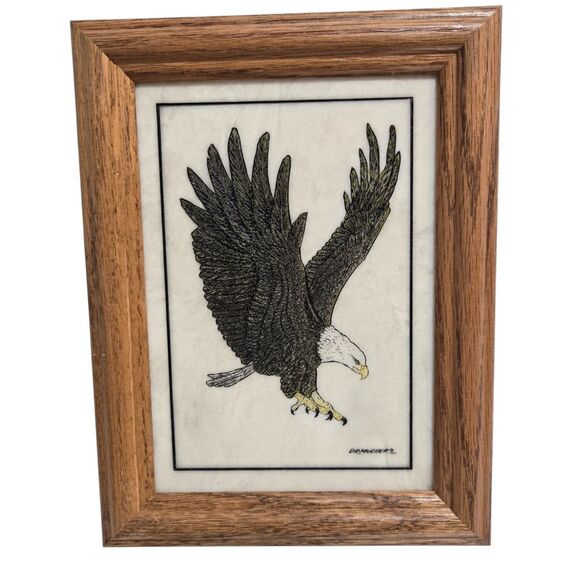 Vintage David R Mueller Bald Eagle Hunting Etched Marble Hand Painted Framed 5x7 - Picture 1 of 5